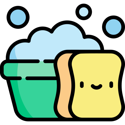 A smiling yellow sponge beside a mint-green bucket filled with blue bubbles.